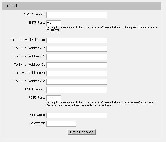 Figure 16: E-Mail Configuration An SMTP server as well as From and To addresses are required to send e-mails. Some mail servers may require a username and password.