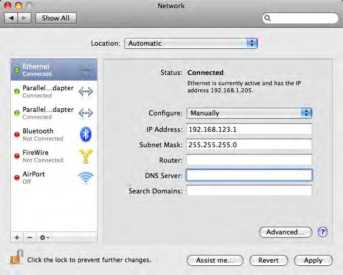 Figure 2: MacOS X network settings for