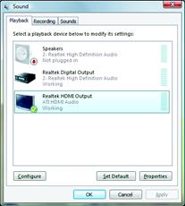 In Windows XP, select Start>Control Panel>Sounds and Audio Devices>Audio, set the Default device for sound playback to Realtek HDA HDMI Out.