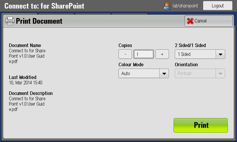 Print Note: The print option is enabled only for the ready-to-print file types, which include Text, PDF, JPEG, TIFF and DocuWorks. 1. Touch Print to print a document. (Refer to Figure 26.