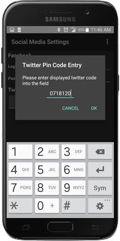 Step 8 A Twitter PIN Code Entry screen will be displayed. Enter the Twitter PIN that was issued in Step 7. Step 9 Select OK.