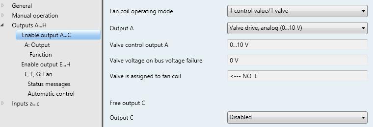 Parameter window Enable output A...D Fan Coil Actuator, 0...10 V Output A Disabled Valve drive, analog (0...10 V) This parameter defines the individual operation mode of the output.