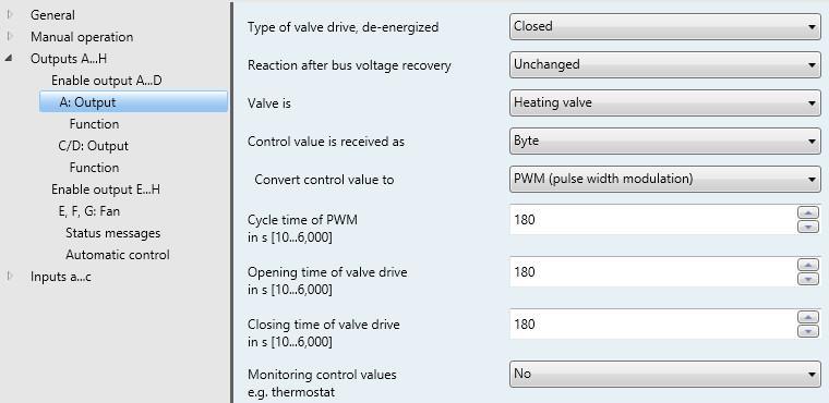 3.2.3.2 Parameter window A: Output (Valve drive, thermoelectric (PWM)) All settings for the output A/B as valve drive, thermoelectric (PWM) are made in this parameter window.