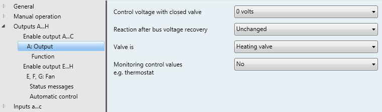 3.2.3.4 Parameter window A: Output (valve drive, analog (0...10 V)) All settings for Valve drive analog (0...10 V) are made in this window.