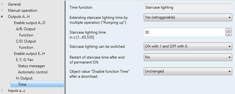 3.2.3.18.1 Parameter window Time All settings for the Time: Staircase lighting function are made in this parameter window.