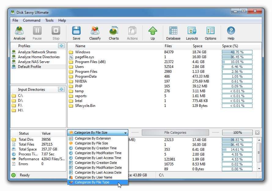 3.3 Using File Categories and File Filters DiskSavvy allows one to categorize and filter disk space analysis results by the file type, file size, file extension, user name, creation time, last