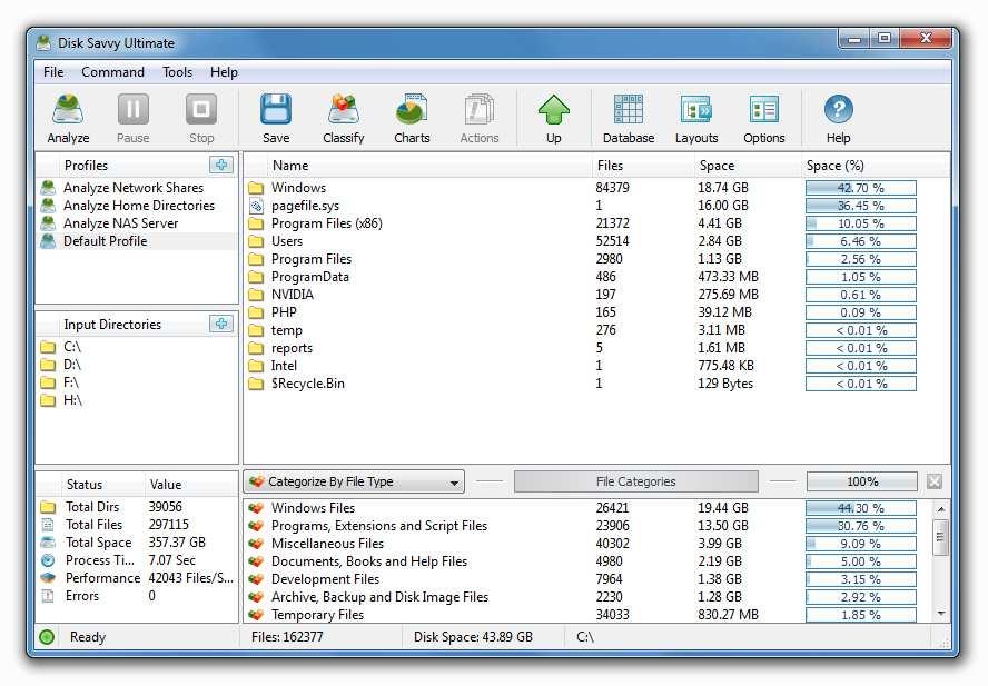 After finishing analyzing the specified disks and directories, DiskSavvy displays the disk space analysis results in the top results view and file categories in the bottom results view according to