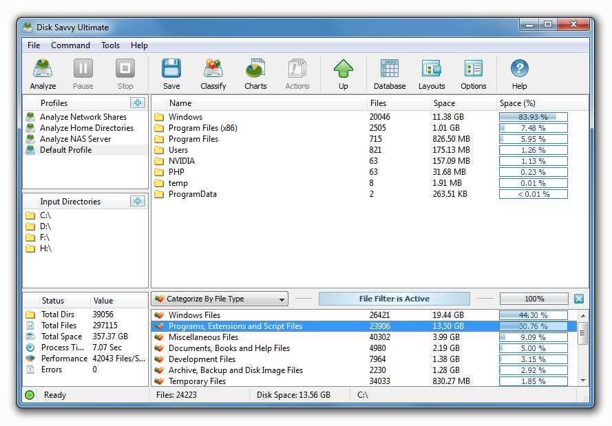 For example, in order to display disk space usage statistics for all types of programs and DLL libraries, categorize disk space analysis results by the file type, select the 'Programs and Extensions'