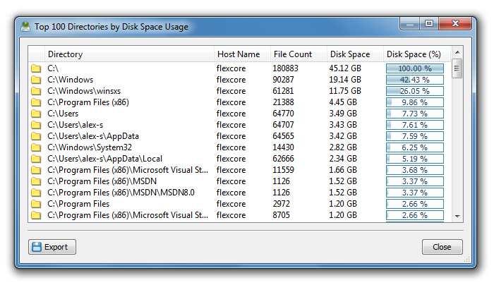 In addition, DiskSavvy provides the ability to display a flat list of top 100 directories sorted by the amount of the used disk space.
