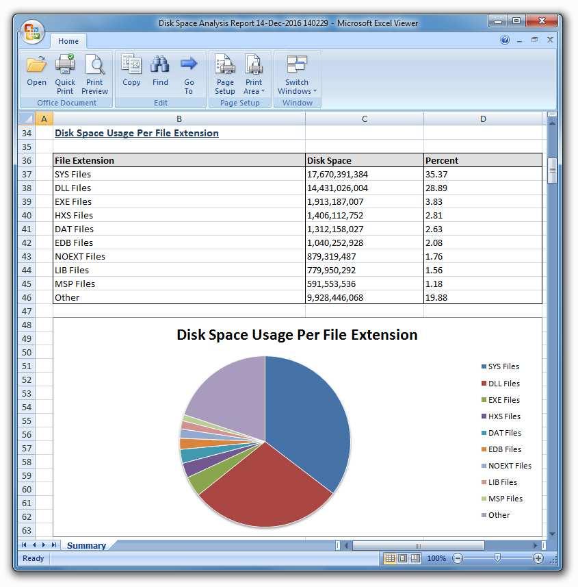 report format for a short summary report or the 'Excel Report' format for a detailed disk space analysis report.