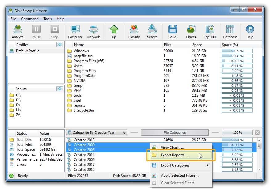 3.11 Batch Disk Space Analysis Reports DiskSavvy allows one to save batches of disk space analysis reports according to the currently selected categories of files with each report showing the number