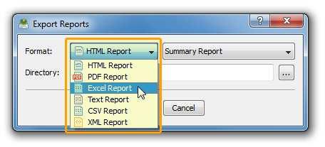 The batch reports dialog provides the ability to export reports to a number of standard report formats including: HTML, PDF, Excel, text, CSV and XML.
