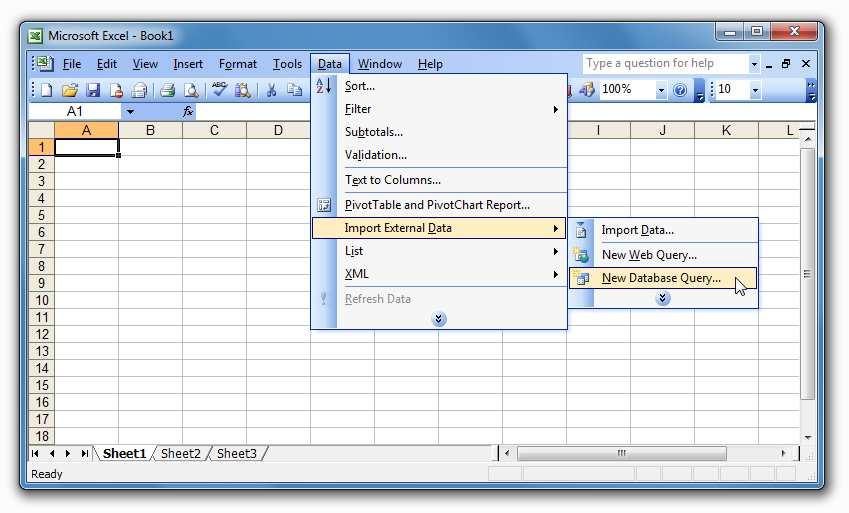In order to import disk space analysis results from an SQL database to Microsoft Excel, select the menu 'Data - Import External Data - New Database Query' menu item, select the ODBC data source to