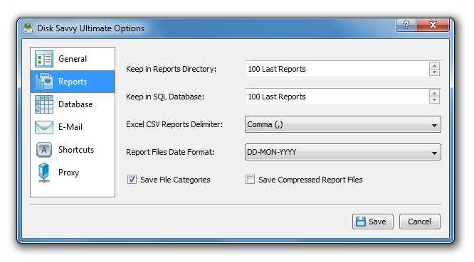 3.14 Advanced Report Management Options DiskSavvy allows one to keep a user-specified number of reports in a reports directory or an SQL database while automatically deleting old reports and freeing