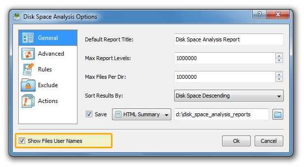 In order to access the disk space analysis performance optimization options, open the disk space analysis options dialog and select the 'Advanced' tab.