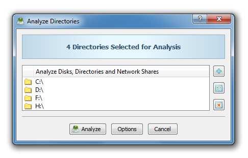 In order to perform a simple disk space analysis operation using the DiskSavvy client GUI application, press the 'Analyze' button located on the main toolbar, add one or more disks, directories or