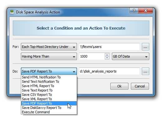 4.17 Conditional Disk Space Analysis Actions One of the most powerful capabilities of DiskSavvy Server is the ability to evaluate disk space analysis results and send E-Mail notifications and/or