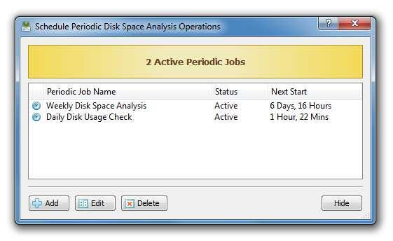 4.18 Periodic Disk Space Analysis Operations DiskSavvy Server allows one to setup a number of periodic disk space analysis jobs with each one configured to perform one or more disk space analysis