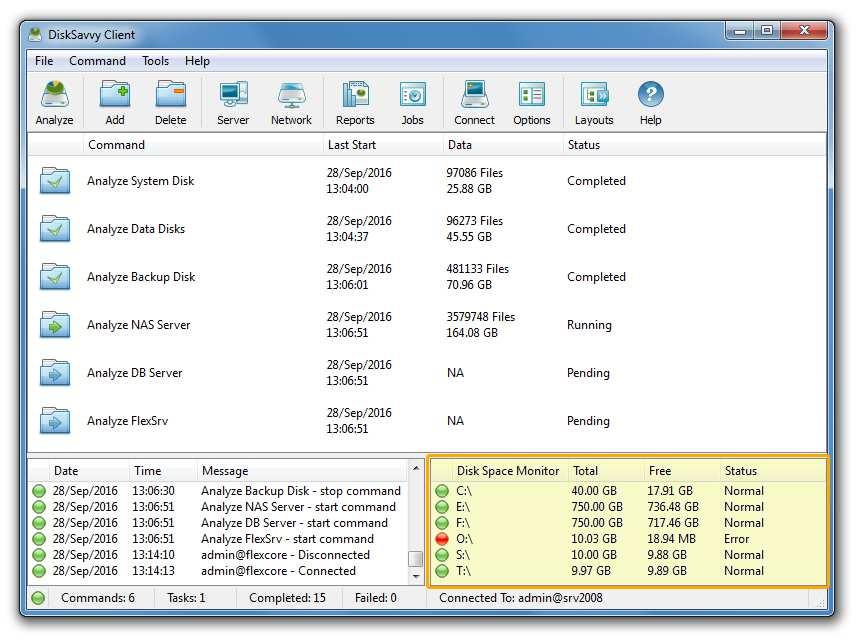 4.19 Using Built-In Disk Space Monitor DiskSavvy Server and DiskSavvy Enterprise include a built-in disk space monitor allowing one to monitor the free disk space in a number of disks, directories or