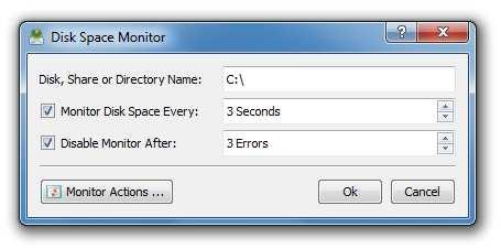 For each monitored disk, the disk space monitor allows one to control the disk space monitoring frequency, the maximum number of monitoring errors and disk space monitoring actions and/or E-Mail