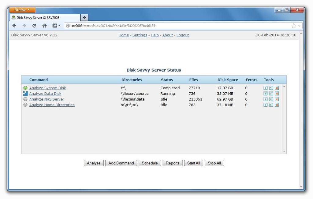 The web-based management interface allows one to perform disk space analysis operations, save various types of reports, perform disk space usage history trend analysis operations and schedule