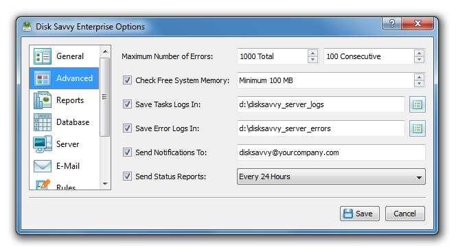 The 'Advanced' options tab provides the ability to configure the maximum number of total errors, the maximum number of consecutive errors, the minimum amount of the free system memory, the disk space