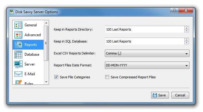 The 'Reports' tab provides the ability to control and customize various types of disk space analysis reports.