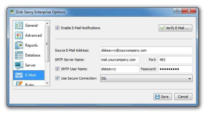 4.24 Configuring E-Mail Notifications DiskSavvy Server provides the ability to send E-Mail notifications when a user-specified disk space analysis rule is triggered for one or more disks or