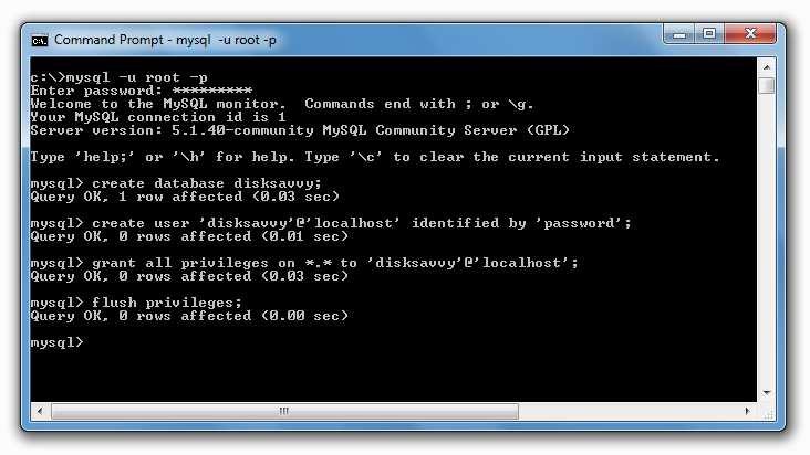 5.2 Configuring MySQL Database The MySQL database provides the mysql command line utility, which may be used to configure the database and the user account to be used by DiskSavvy.