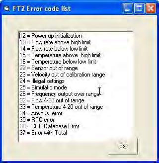 - The Error Code List button enables the user to display a list of error codes and their descriptions (see example below).