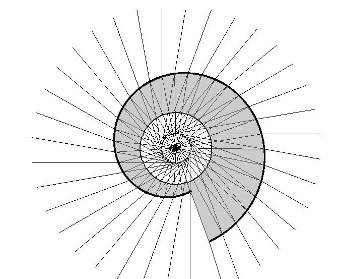 Spiral Lenses Viewing Circle Optical Center Figure 19: A spiral shaped lens. The diacaustic of the lens outer curve is a circle (the viewing circle).
