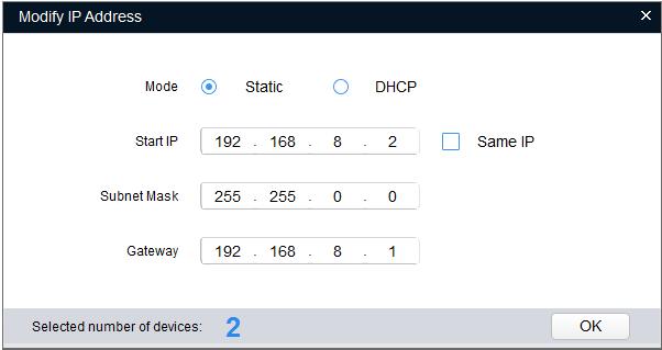 The system will pop up the Modify IP Address dialog box, see Figure 3-2. Figure 3-2 Step 5 Set the mode as Static, and input the planned Start IP, Subnet Mask and Gateway.