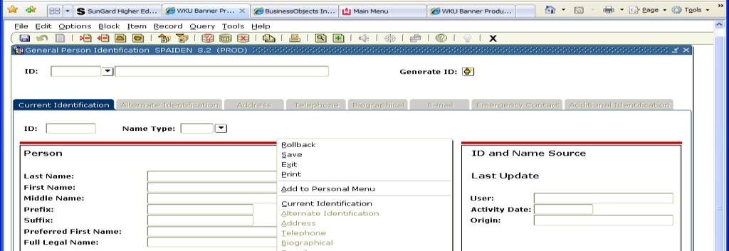 Opens your selection: Name and ID Search for Person / Vendor Once you are on the form there are two ways to search using an id or name.