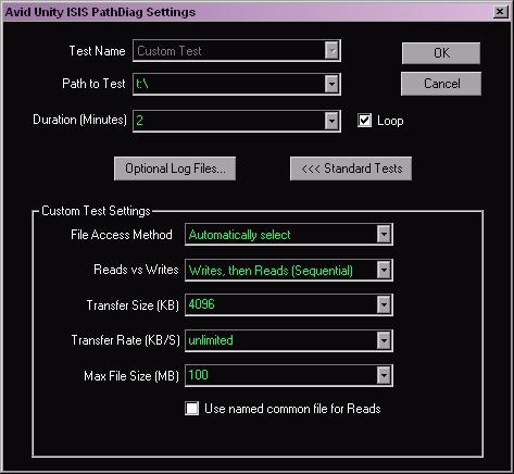 3 In the PathDiag tool Settings dialog, click Custom Test. Duration (Minutes) Select 2. Loop Select this option if you want the test to repeat the test indefinitely after its duration is complete.