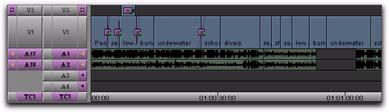 The following illustration shows the audio tracks cut into the original sequence. In this example, the original tracks are overwritten.