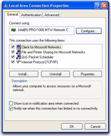 Connection Properties dialog Choosing Properties from My Network Places 5 In the Internet