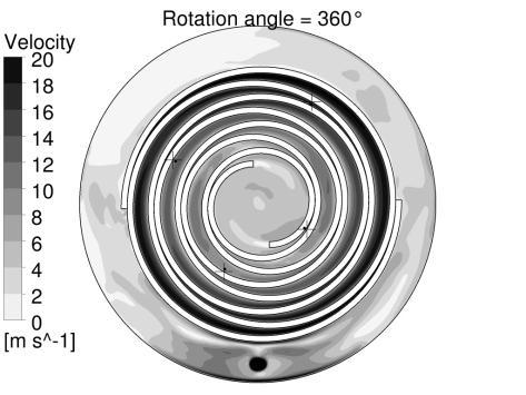 1515, Page 8 Figure 11: Cross-sectional view of the pressure (left), velocity (middle) and temperature (right) (rotation angle of 360, suction pressure of 17 kpa and rotational speed of 1704 rpm)