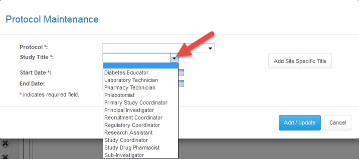 To select the study title, select the drop down arrow on the