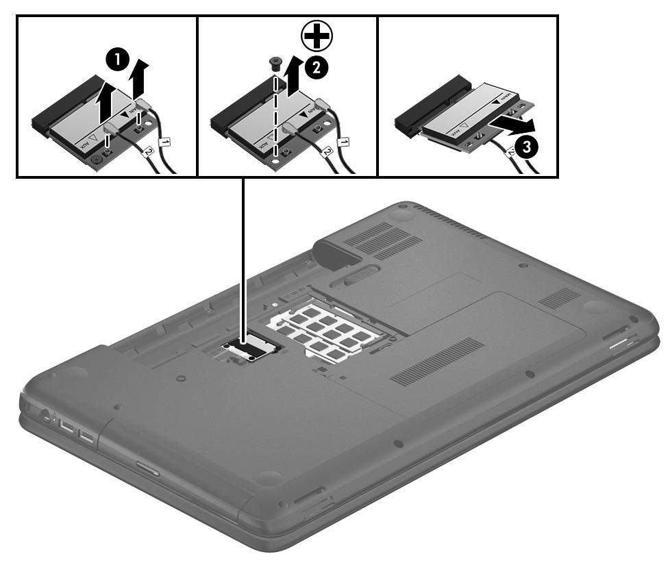 4. Remove the battery (see Battery on page 35). 5. Remove the memory module/wireless module compartment cover (see Memory module on page 36). Remove the WLAN module: 1.