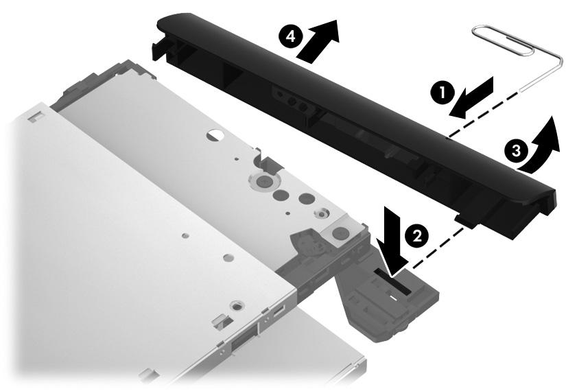 4. If it is necessary to replace the optical drive bezel, use a thin tool or an unbent paper clip (1) to release the optical drive tray. 5.