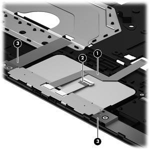 Remove the TouchPad button board: 1. Turn the top cover upside down, with the front toward you. 2. Detach the TouchPad button board cable (1) from the TouchPad.