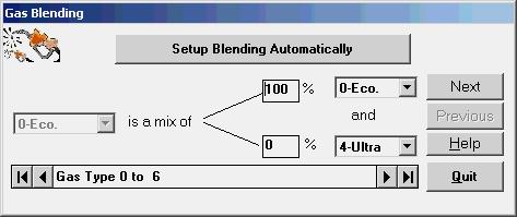 You should now be back in the First Time User Screen. If you are blending gas, click on Gas Blending, you will see the window shown below: Click Setup Blending Automatically.