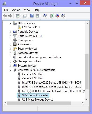 Confirm that the "SMC Serial Converter" (Part A in the lower figure) was added to the "Universal Serial Bus