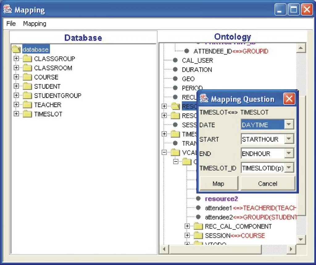 Fig. 4. GUI of the mapping component mapping attributes is that the identifier of the class in the ontology will be mapped to the primary key of the corresponding relation.