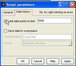 Setting the Scope Parameters The default settings for the Scope is a Data History of 5000 data samples.