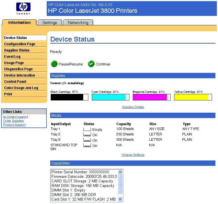 Device Status screen Status information, such as whether the product is online or the toner is low, is available through a Web browser on a computer that is linked directly to the device.