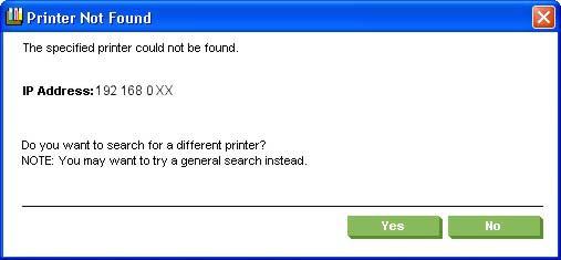 4. If you selected the Quick find (search for a specific IP address) and no printer is found, the Printer Not found screen