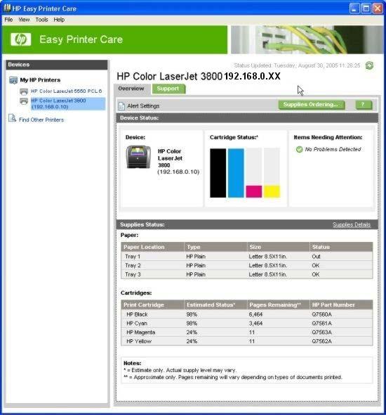 Figure 4-13 Overview tab The Overview tab shows the following information below Device Status: Printer name Printer TCP/IP address A graph showing usage for each color print cartridge A list of any