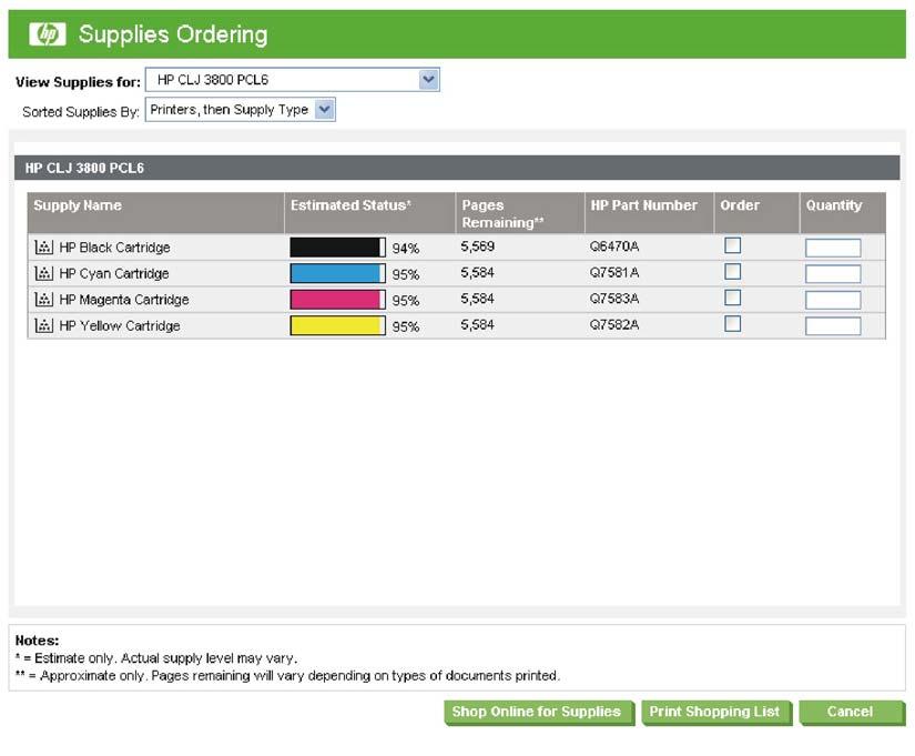 Figure 4-15 Supplies Ordering screen Select the appropriate check boxes below Order for each supply that you want. In the Quantity field, type the quantity that you want to order.
