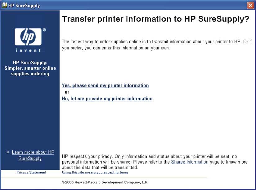 Figure 4-16 Transfer printer information to HP SureSupply?